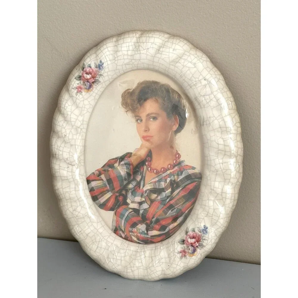 Vintage 90s Ceramic Crackle Glass Oval Picture Frame 5x7 Floral Cottagecore NEW!